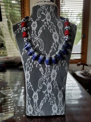 Gorgeous handmade artisan necklace with natural lapis lazuli and red coral beads - Image 1 of 4