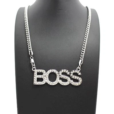 Moda para mujer enchapado en oro blanco circonita cúbica boss colgante con collar de cadena de eslabones de 5 mm 24" Foto 1 de 4