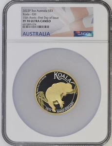 2022-P 3 oz. Koala de plata Australia $3 - dorado 15 aniversario PF-70 UC FDOI NGC - Imagen 1 de 4