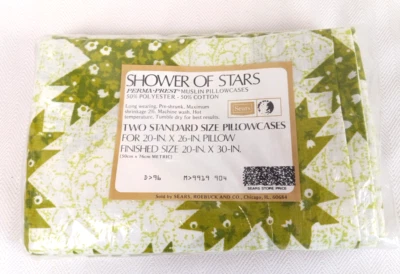 VTG Sears Green Shower Of Stars Pillowcases Muslin One Pair In Package 20" x 26" - Image 1 of 4
