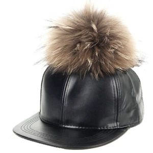LADIES WOMENS GIRLS FAUX LEATHER 5 PANEL BASEBALL SNAPBACK CAP FUR POM POM HAT - Picture 1 of 3