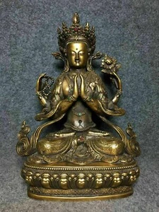 11.8" Tibetan Buddhism China bronze 24k gilt Gem inlay Four arm Guanyin Statues - Picture 1 of 9