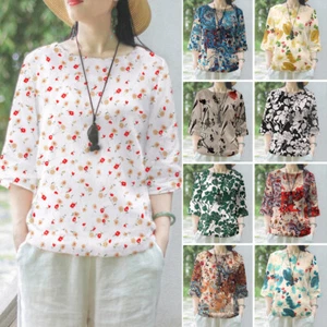ZANZEA Women Floral Printed Blouse 3/4 Sleeve Crewneck Casual Loose Pullover Top - Picture 1 of 31