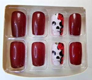 Beautiful Nails Dark Red with Skull & Roses glue on Medium Length, Square Shape - Picture 1 of 2