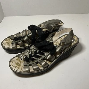 FLY London Multi-strap Wedge Sandals Lace Up Women's Size 39 Gold Yito - Picture 1 of 10