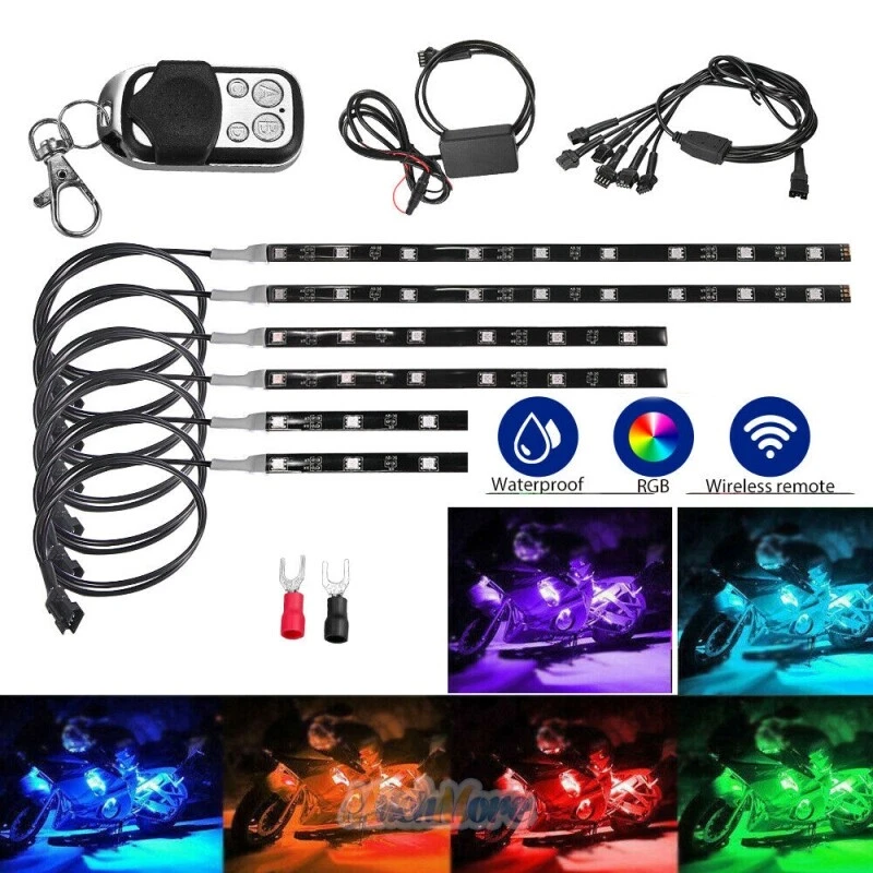 6X Motorcycle LED Light Wireless Remote 18 Color Neon Glow Light Strips Kit 30cm