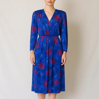 Vintage Nordstrom Point of View Silk Floral Midi Dress Blue Purple 12 Korea - Image 1 of 4