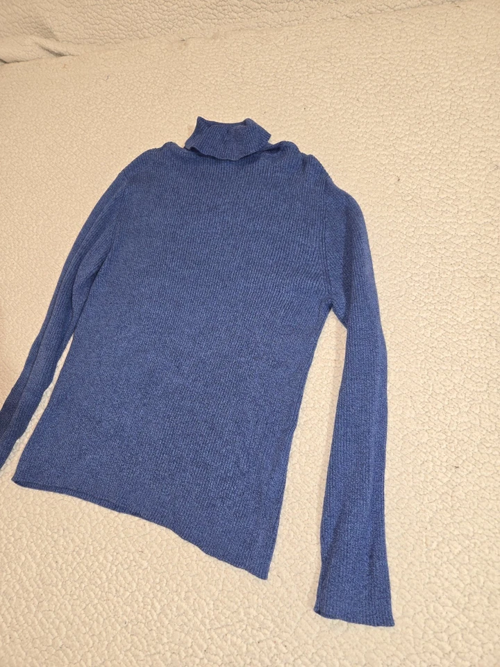 💯 棉蓝色罗纹高领毛衣女式 XL 码修身层基本舒适 — 第 1/4 张图片
