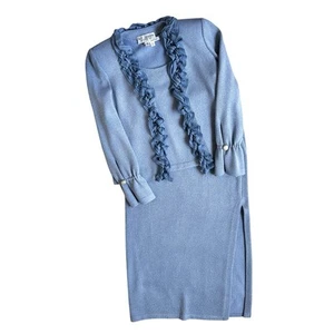 VTG St John Evening 3 pc Knit Skirt Suit Wool Blend Blue Metallic Size 2-4 EUC - Picture 1 of 15