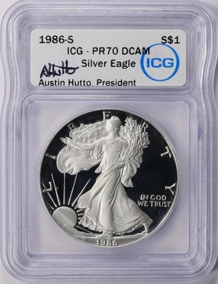 1986 S $1 American Silver Eagle 1 oz Proof ICG PR70 DCAM Austin Hutto Signed 120 - Image 1 of 3