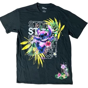 Lilo And Stitch T-Shirt Mens L Black Hawaiian Colorful Short Sleeve Floral - Picture 1 of 8