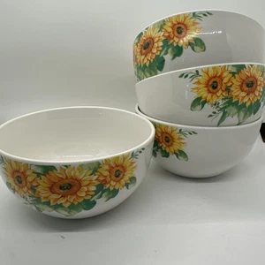 Royal Norfolk Bowl Set (4) Sunflowers Soup Cereal NEW 5.5" White Microwave Safe - Picture 1 of 11