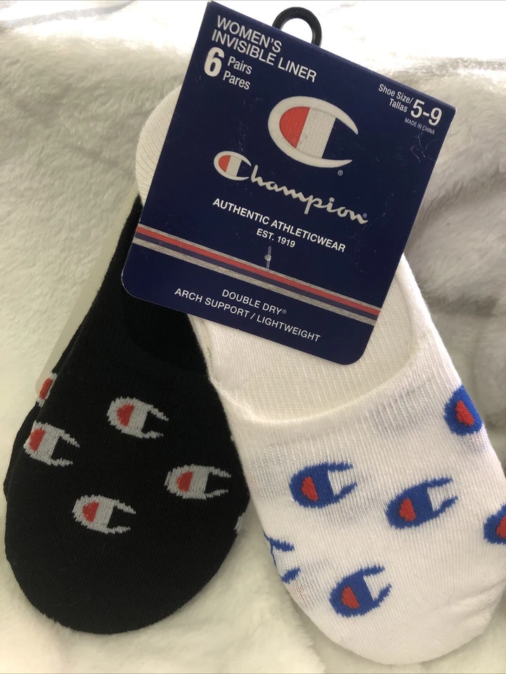 Champion feminino 6 peças. Meias forro invisível em branco e preto. Compatível com etiquetas tamanho 5-9 - Imagem 1 de 1