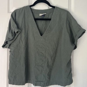Universal Threads Womens Crop Top Boxy Minimalist Linen Blend V-Neck Green Large - Picture 1 of 16