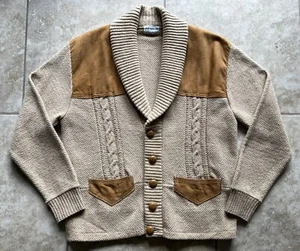 Vintage 60’s 70’s Shawl Cardigan Sweater Knit Tan Acrylic Leather Suede Large - Picture 1 of 7