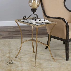 AGED GOLD LEAF FINISH METAL CLEAR BEVELED GLASS END SIDE TABLE 24641 - Picture 1 of 4