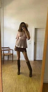 Dusty pink sheer woman blouse, Babydoll half sleeve sexy see through top, Beaded - Picture 1 of 10