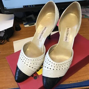 Beltrami  Womens Leather Cut Out Side Sandles Pumps White and Black Pointy Shoes - Picture 1 of 8