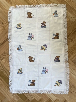 Handmade Cross Stitch Crib Blanket 39” x 26” White w/ Animal Characters Fringe - Image 1 of 4