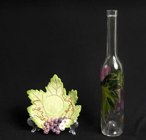 Handbemalt Weinflasche Set Lila Trauben Keramik 3D Traubenblatt Tablett Geren - Bild 1 von 6