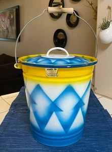Vintage Blue Yellow Pattern Enamel Bucket W/ Lid Made In Slovenia Enamelware - Picture 1 of 6
