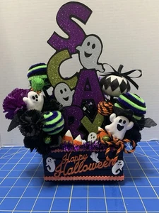 Halloween Scary Ghost Small Wood Crate Tiered Tray Table Florals & Pumpkins New - Picture 1 of 10