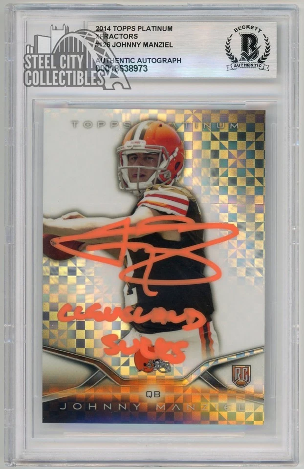 Johnny Manziel 2014 Topps Platinum Xfractor RC Auto "Cleveland Sucks" Card BAS - Image 1 of 1