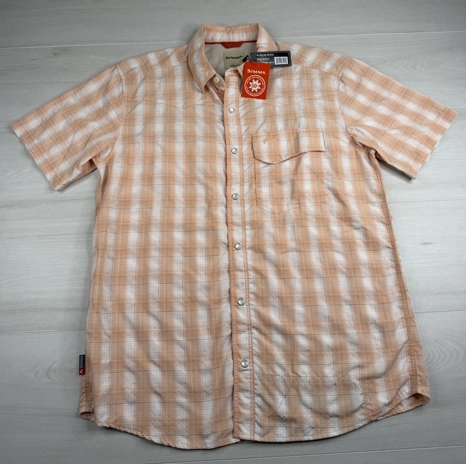 Simms Fishing Big Sky SS Shirt Pearl Snap UPF 50 Orange Fishing Shirt Mens M NWT - Image 1 of 4