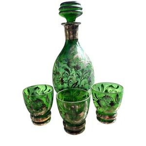 Vintage Italian Green Glass Decanter & 3 Glasses Silver Band & Overlay - Picture 1 of 8