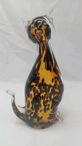 Crystal Cat Hand Blown Art Glass Murano Style Clear, Amber, Fifth Avenue 9" - Picture 1 of 9