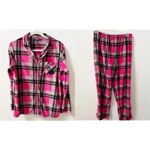 Ellen Tracy Womens Pink Plaid Soft Fleece Pajama Set Top Pants Sz Medium - Picture 1 of 9