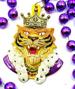 King Tiger Mardi Gras Bead Necklace New Orleans LSU Tigers Purple Beads Party - Picture 1 of 3
