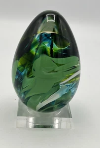 Caithness Art Glass Egg Paperweight Green Swirl 4" Signed - Picture 1 of 9