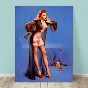 VINTAGE Pin-up Girl CANVAS PRINT Gil Elvgren  32x24" Puppy Hiding Labrador Dog - Picture 1 of 1