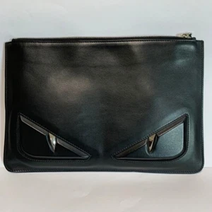 FENDI Monster Bag Bugs Eye Clutch Handbag Pouch Black Silver Leather 7N0078 Auth - Picture 1 of 8
