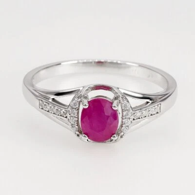 18k White Gold Plated Natural Ruby Oval 6x5mm & White Zircon Silver Ring - Image 1 of 4