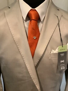Men’s Two Piece Suit Light Beige By M&S 44L Slim Fit Cotton Lightweight - Picture 1 of 16