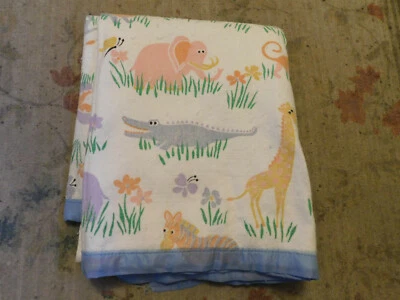 Vtg Childs White Blanket blue Satin Trim Cartoon Jungle Wild Animals Pastel Cute - Image 1 of 4