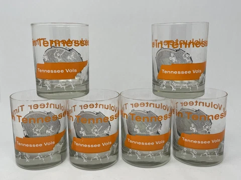 Lot of 6 Tennessee Volunteers Vintage T-Club Glass Tumbler Neyland Stadium Cover