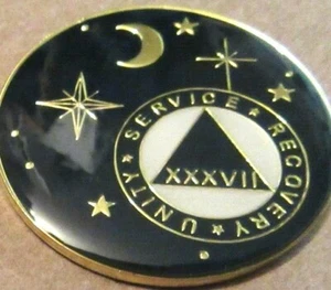 Black Gold Moon Alcoholics Anonymous AA 37 Year Medallion Token Coin Chip sober - Picture 1 of 9