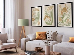 Boho Set of 3 Scandinavian Abstract Print Green Orange Botanical Pictures - Picture 1 of 5
