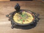 Antique Asian Handpainted Dish~Metal Decorative Rim/Handles~Signed