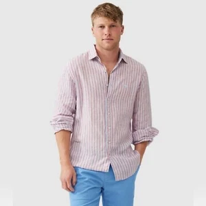 Rodd and Gunn Mens Large McClean Sky Linen Italian Blue Pink Stripe Button Shirt - Picture 1 of 16