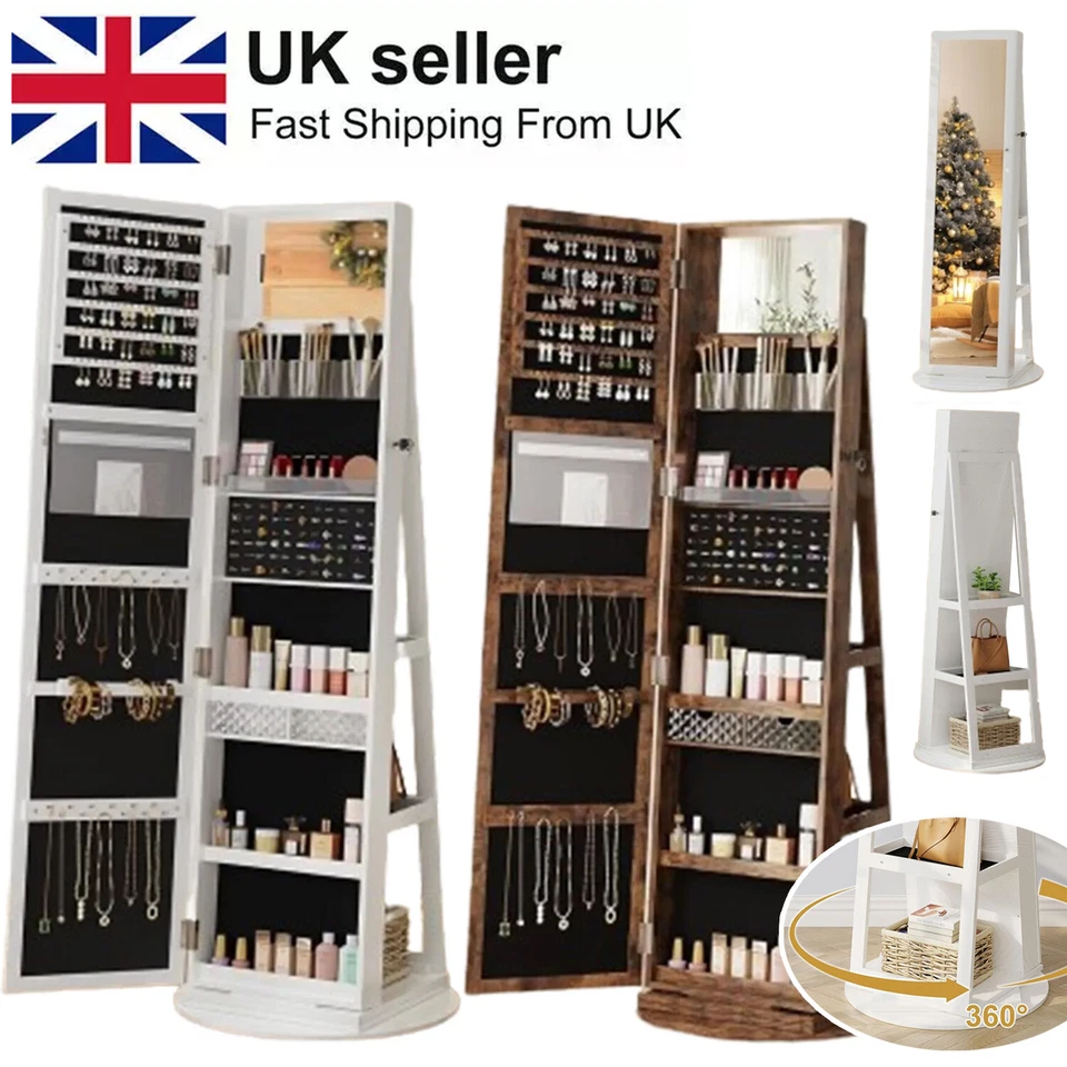 Jewelry Storage Cabinet Full-Length Mirror Lockable 360° Swivel Armoire Shelf - Image 1 of 4