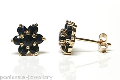 9ct Gold Sapphire Studs Cluster earrings Gift Boxed Made in UK Birthday gift - Image 1 of 4