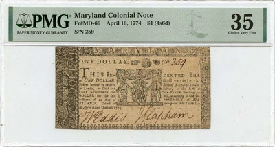 1774 April 10, $1 Maryland Colonial Note FR#MD-66 PMG VF35 Choice - Image 1 of 2
