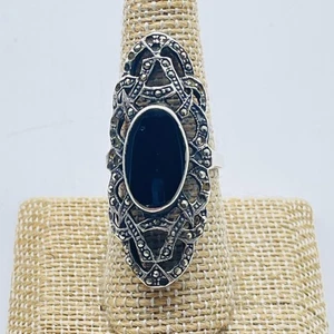 Sterling Silber 925 Markasit schwarzer Onyx oval Art Deco filigran Ring länglich - Bild 1 von 5