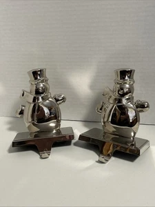 Snowman Christmas Stocking Holders Set of 2 Metal Weighted Chrome Holiday Decor - Picture 1 of 17