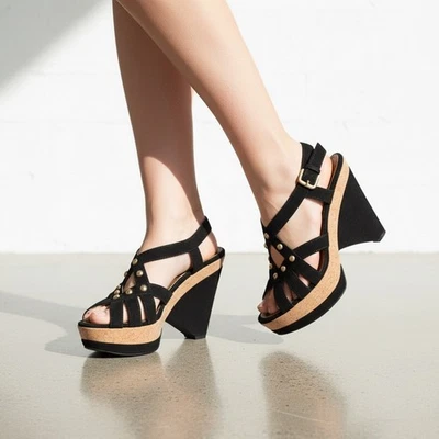 Prada Black Suede Cork Platform Wedge Sandals EU 39 US 9 UK 6 Italy Y2K - Image 1 of 4