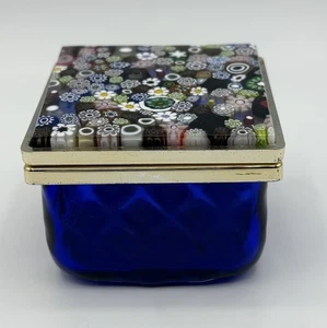 Vintage Murano Stil Millefiori Schmuck Pillendose, Kobalt Sockel, goldfarbener Rand - Bild 1 von 8